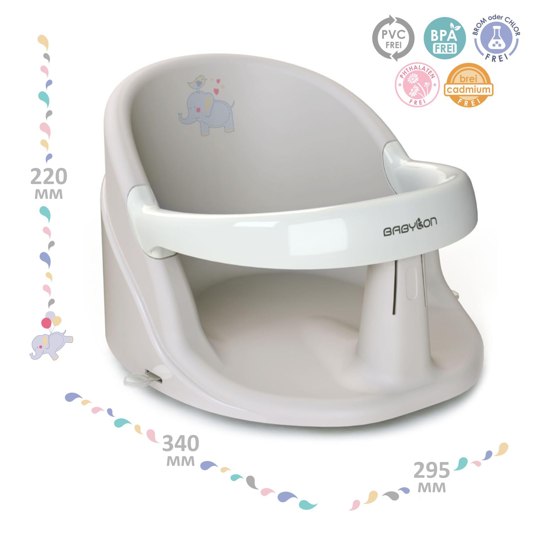 BABYLON Seggiolino da bagno Nemo – Seggiolino bagnetto per neonato da 6 mesi, Sedia da Bagno con 4 ventose antiscivolo, Seggiolino doccia neonato e vasca, grigio/bianco