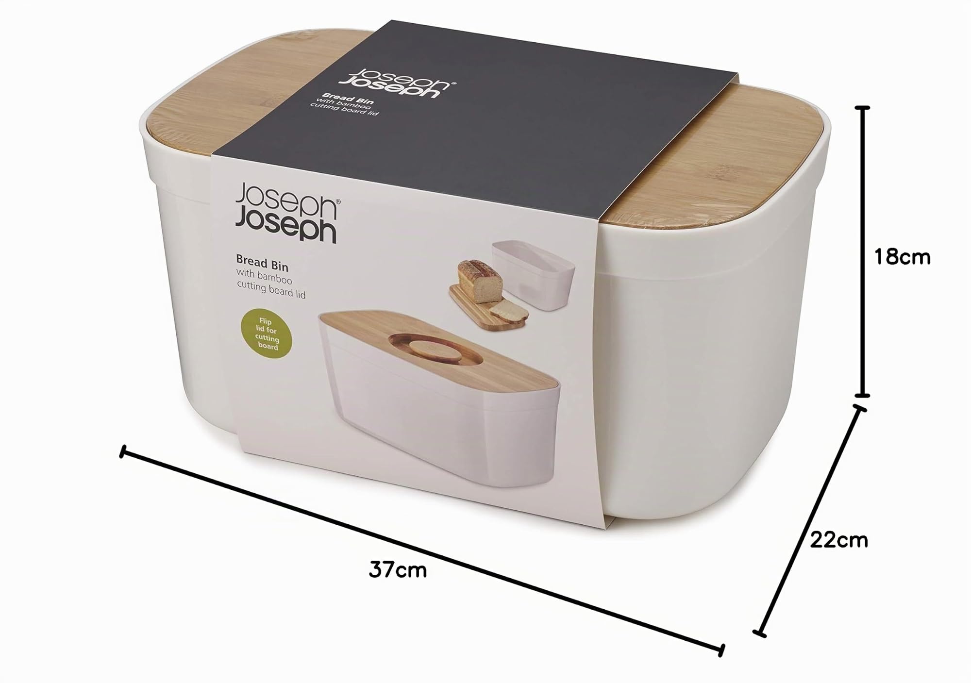 Joseph Joseph - Cestino Portapane da cucina, Coperchio in legno di bambù con tagliere intergrato, Stile Moderno- Bianco