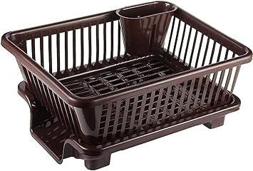 PRANJAL WARE Pranjal Plastic 3 In 1 Kitchen Sink Dish Drainer Drying Rack Utensils Washing Holder Plastic Basket Organizer With Tray & Utensil Cutlery Holder Cup (Brown)
