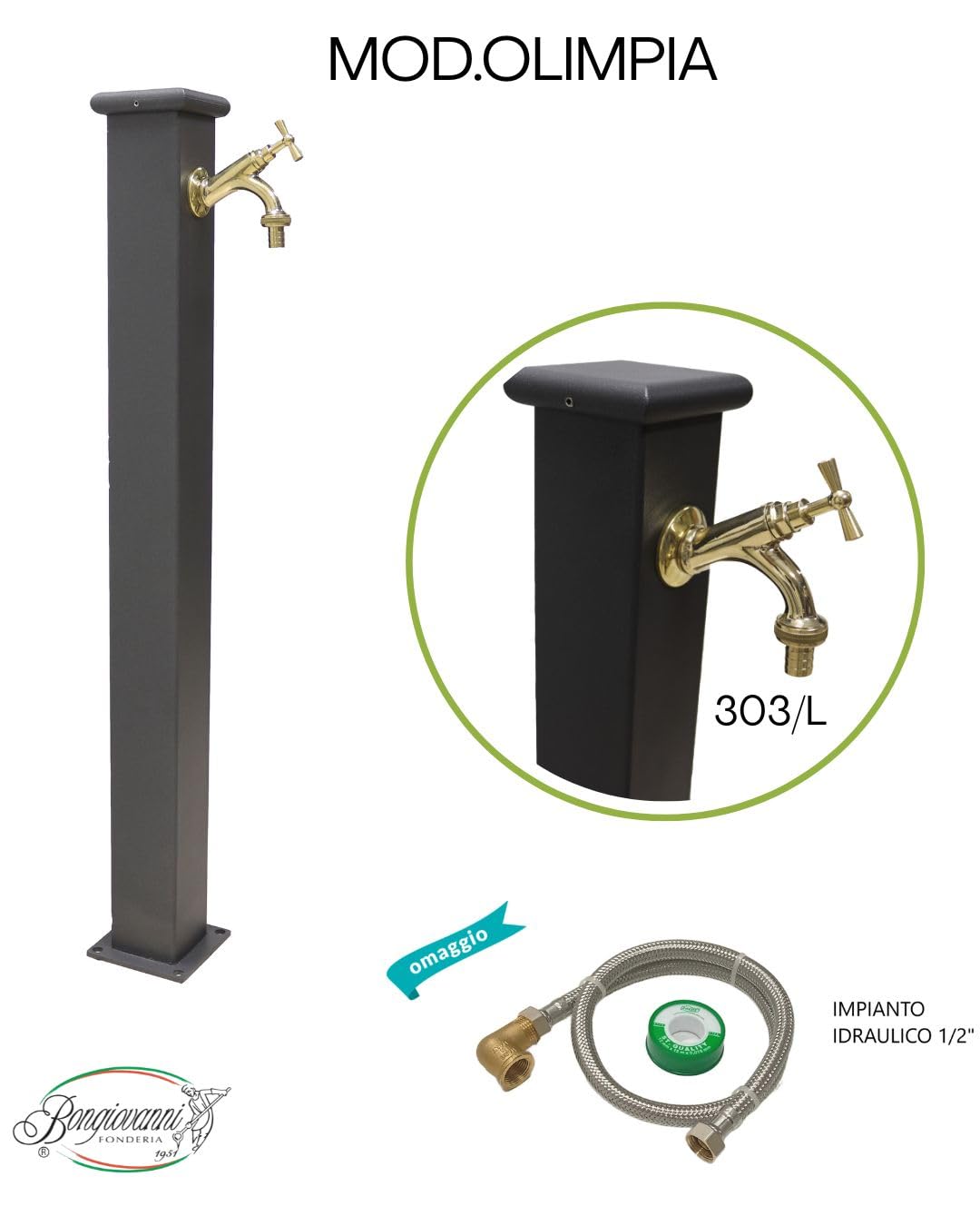 FONDERIA BONGIOVANNI Fuente de columna modelo Olimpia de acero con grifo de latón pulido 303L para exterior casa jardín color gris hierro fundido