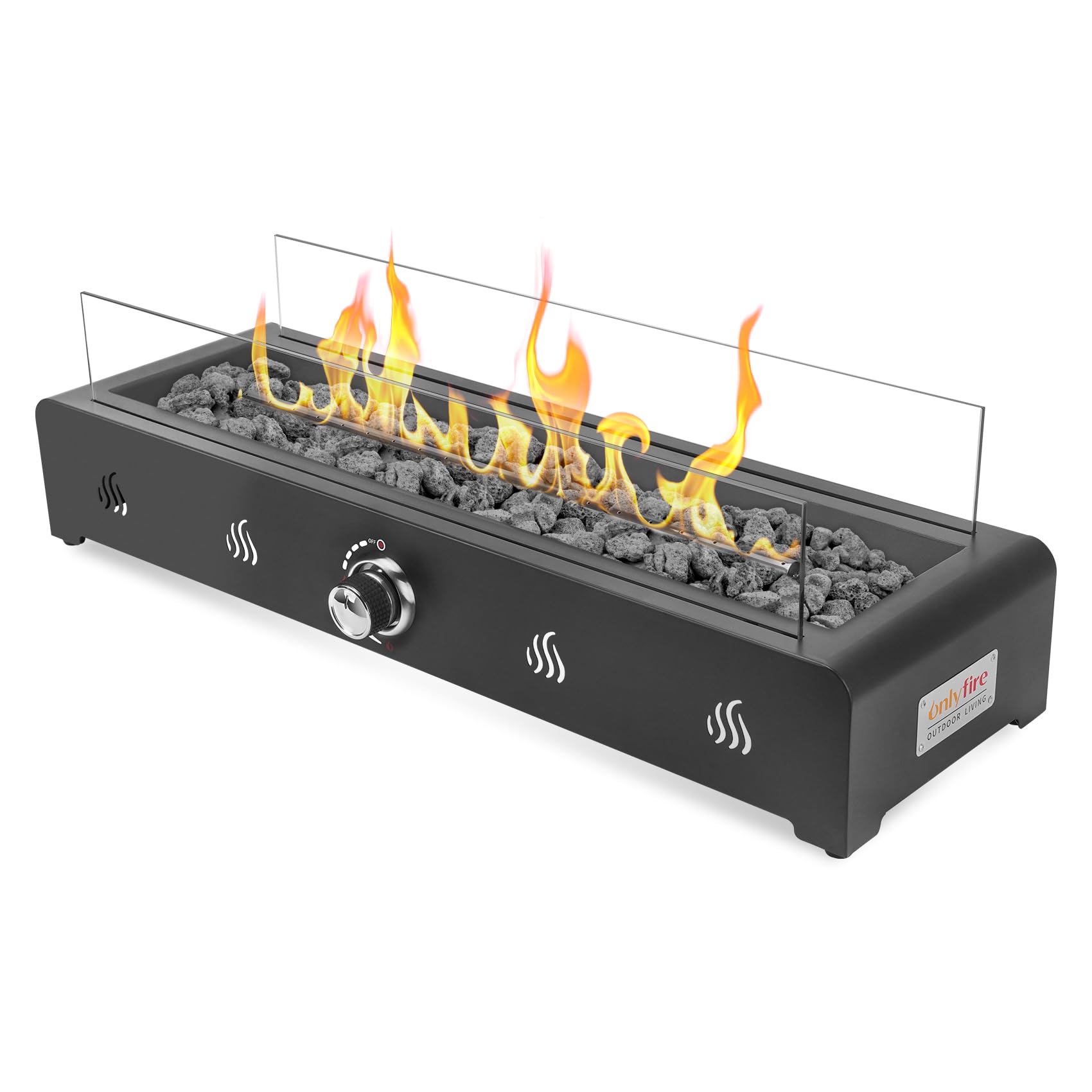 Onlyfire Braciere a gas rettangolare da tavolo, 6,5 kW, riscaldatore esterno con pietre laviche e protezione antivento in vetro, braciere propano per patio, cortile