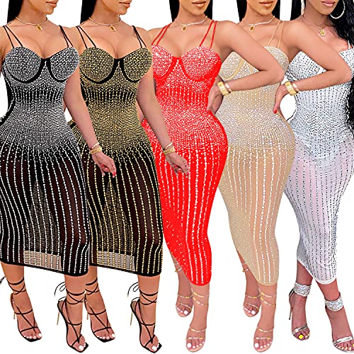 Image of PORRCEY Women's Sexy Rhinestone Lace Sheer Mesh Formal Evening Dress