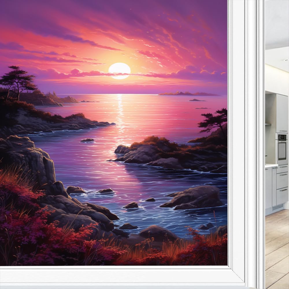 Fantasy Ocean Stained Glass Window Film Sunset Rustic Coastal Flower Tree Privacy Window Film Glass Door Covering Non-Adhesive Window Stickers for Bathroom Kitchen 90 x 160 cm