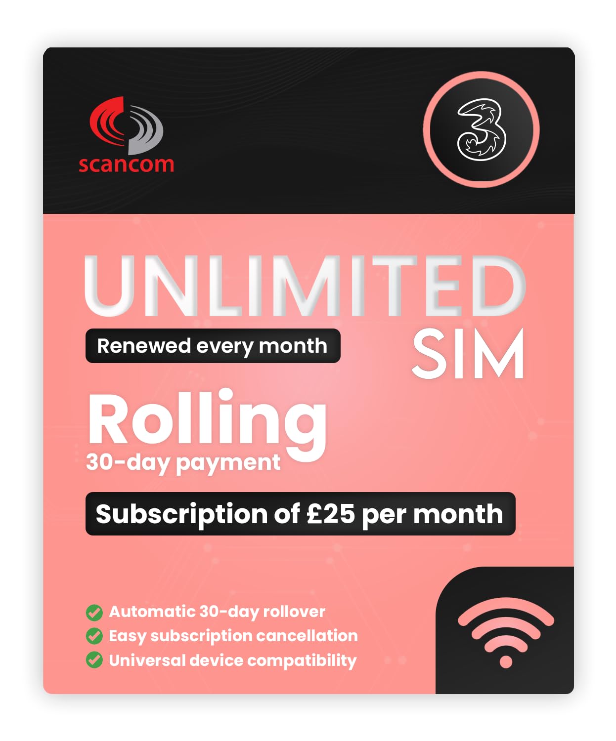 Three Unlimited 5G Data SIM - Activate via QR Code - No Contract or Credit Check - £25/Month Rolling 30-Day Subscription