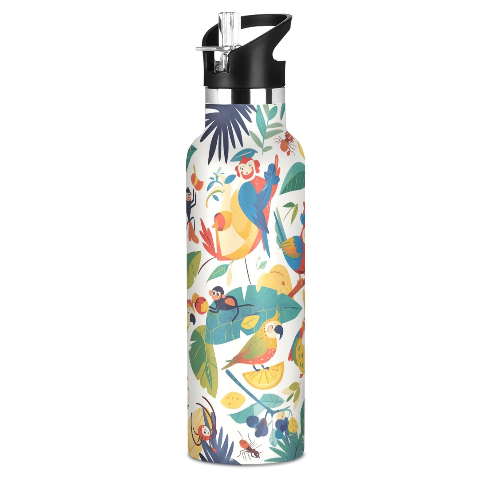 Kaaviyo Boys Pattern Tropical Birds Jungle Leaves Water Bottle Stainless Steel Jug Insulated Vacuum Cup For Girls(600Ml)