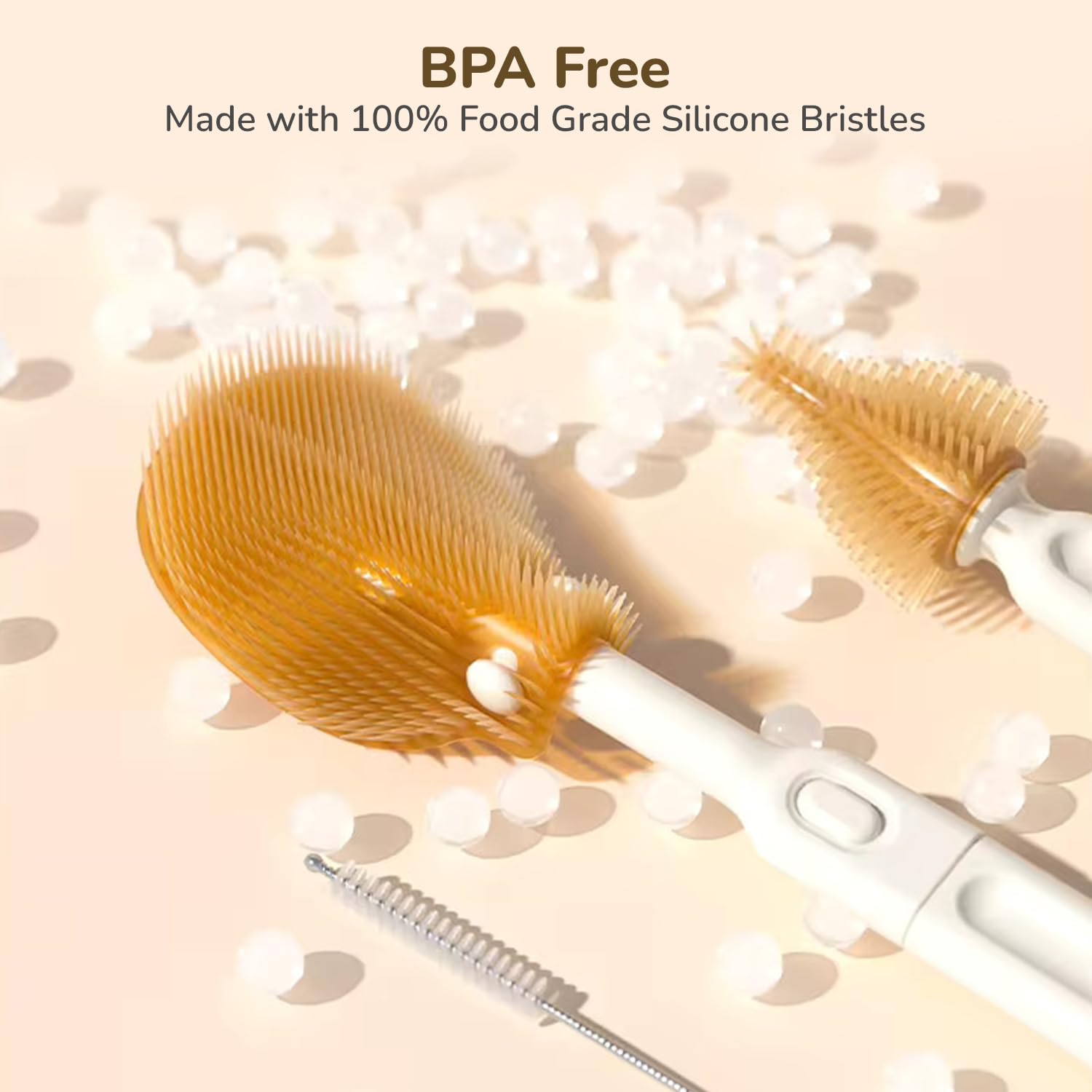R for Rabbit Hygo Care Jumbo Baby Bottle Cleaning Brushes, Nipple, Straw & Feeding Bottle Cleaner Set with 30 ml Travel-Sized Spray Container, BPA-Free Silicone Bristles, Built-in Drying Rack (Beige)
