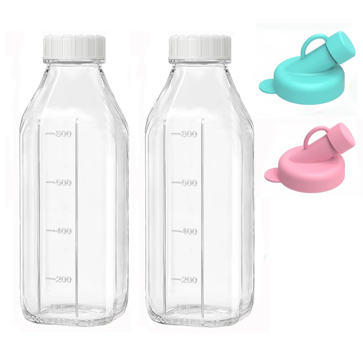 2 Pack 1000 ml / 33.8 oz Glass Milk & Juice Bottles with Airtight Lids – Reusable Glass Beverage Storage Jars, Leak‑Proof Pour Spout, Dishwasher Safe, Eco‑Friendly Kitchen Drink Bottles (2 Pack)