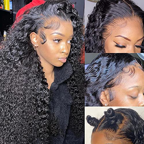 Pretess 13x6 HD Transparent Lace Front Human Hair Wigs For Black Women Mongolian Deep Curly Lace Front Wig Human Hair Pre Plucked Deep Wave Frontal wig Full And Thick (32inch, Black)