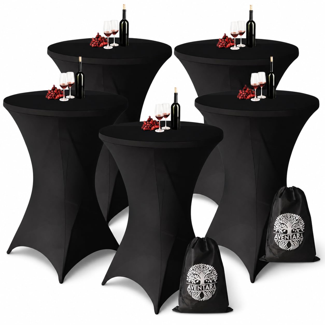 Housse de Table Haute Noire x 5 – Ø80-85 x 110 cm avec Sac de Rangement – Housse Mange-Debout Extensible – Jupe de Table Haute Anti-Rayures et Infroissable Extra Épaisse – 5 Pièces – Housse Table