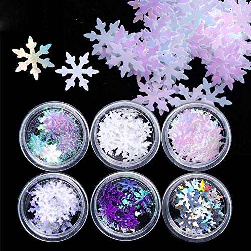 Snowflakes Nail Art Sequins 3D Holographic Nail Glitters Laser Winter Christmas Nail Stickers Decals Nail Supply Bronzing Paillette Confetti for Nail Arts Manicure Tips for Women Kids Girls (6 Boxes)