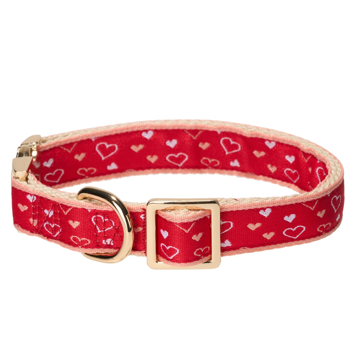 Stylish Jacquard Webbing in Heart Pattern Red Dog Collar with Soft Natural Cotton Padding and Gold Metal Buckle - Image 2