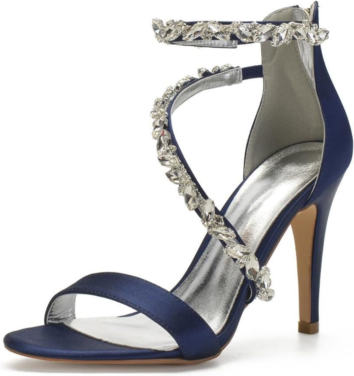 ZARUFT Satin Evening Dress Shoes, Large Crystal High Heeled Sandals, Weddings, Parties, Balls, Summer Shows Sandals Women. (Color : Navy blue, Size : 41)