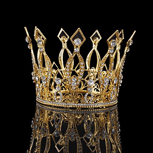 FUMUD Imperial Medieval 4inch Crowns Full Rould Gold/Silver Tiaras For Women Clear Crystal Pageant Party Costumes Diadem Hair Jewelry (New gold)