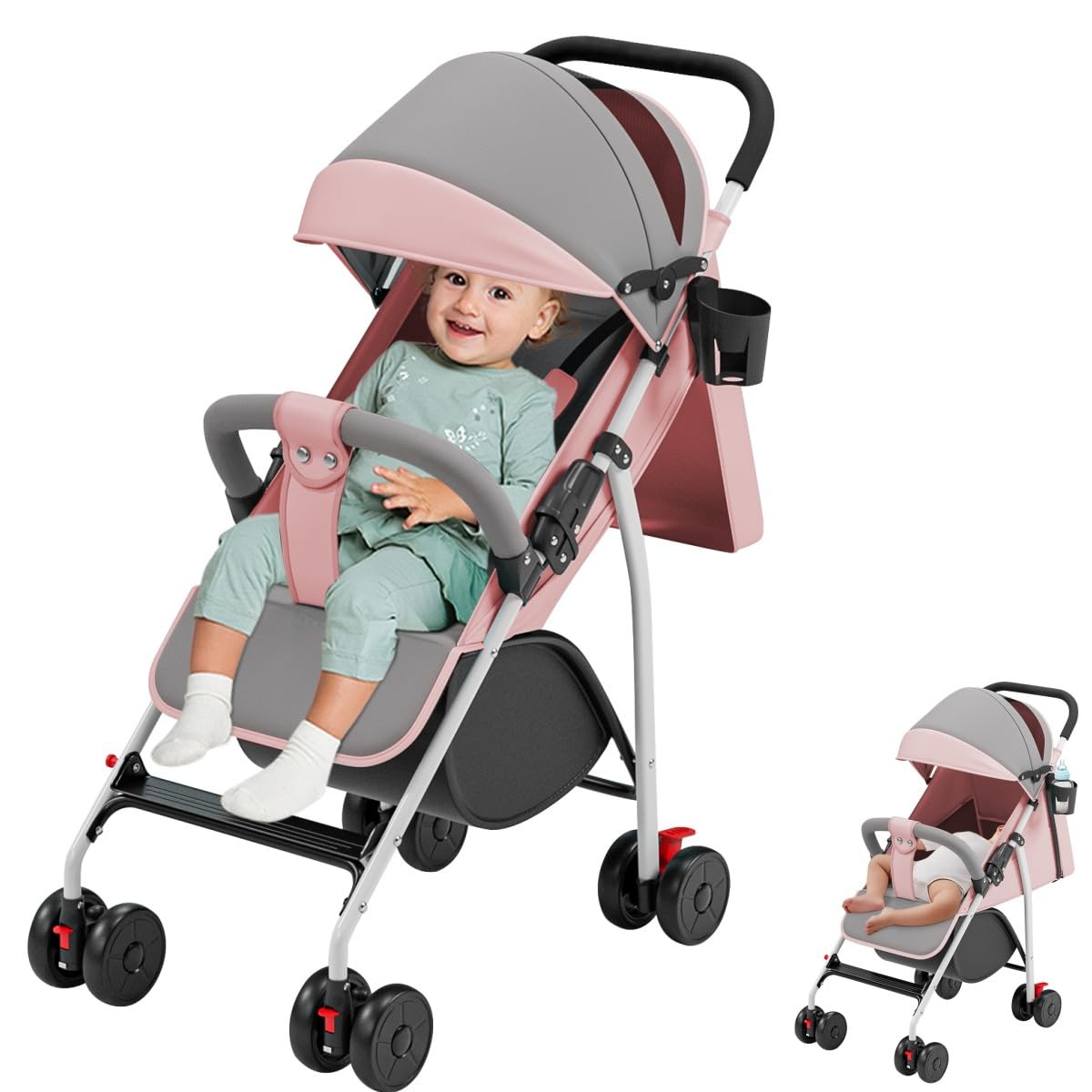 OHMG Passeggino Canne,25 kg,0-4 anni,Passeggino compatto per bambini pieghevole,Regolazione dello schienale fino alla posizione sdraiata, con cestello arancio,Sistema di piegatura