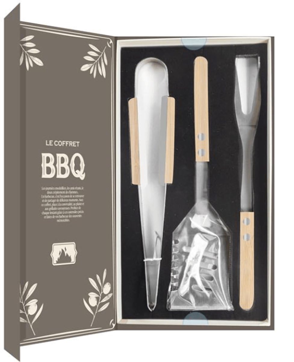 Set de regalo de accesorios para barbacoa de 3 piezas – Pinzas para barbacoa, espátula de barbacoa y tenedor de barbacoa de acero inoxidable con mango de madera – Incluye caja de regalo/maletín (forma
