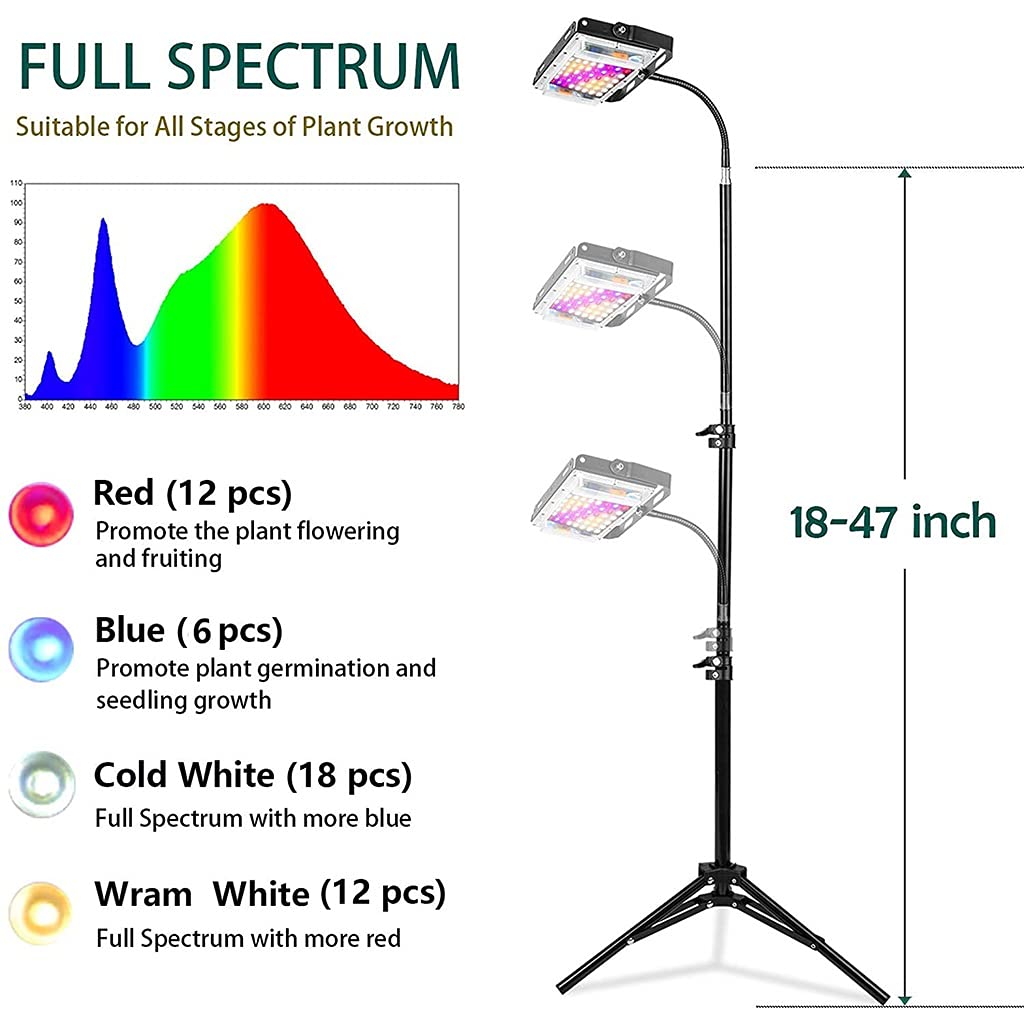 50W LED Coltiva la Luce,Lampada da Pavimento a Spettro Completo con Supporto,Rosso/Blu/Bianco,Timer Automatico 3/6/9/12 Ore,Treppiede Regolabile 18-47 Pollici (Color : 2pcs)