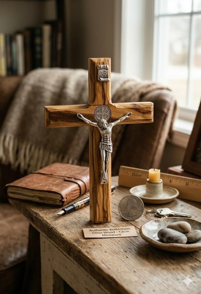 Zuluf Small Olive Wood Wall Crucifix, 4.7Inch Catholic Cross with Silver Tone Corpus and St Benedict Medal, Handmade Bethlehem Wall Decor for Home, Prayer Room, Baptism or Confirmation Gift