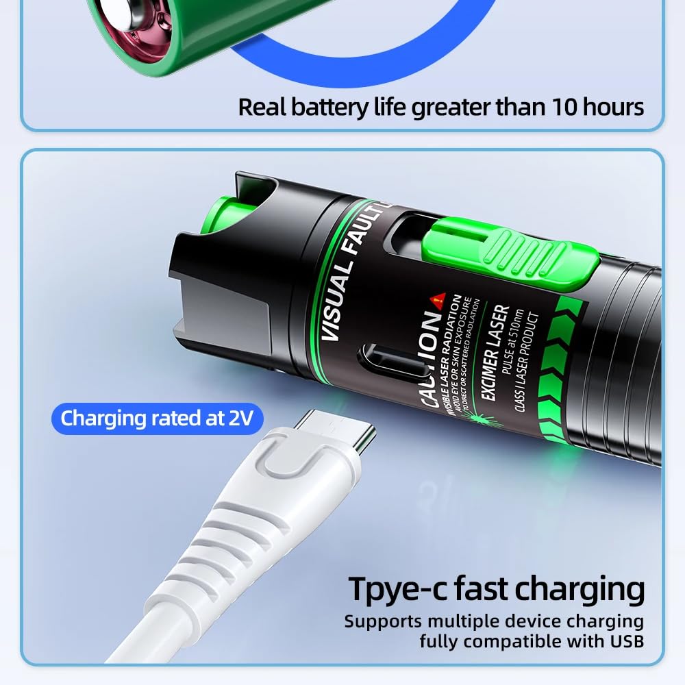 Localisateur visuel de défauts fibre optique rechargeable 15 mW, stylo lumineux Vert, connecteur Type-C, testeur de fibre optique compatible avec les connecteurs SC/FC/ST/LC, outil VFL