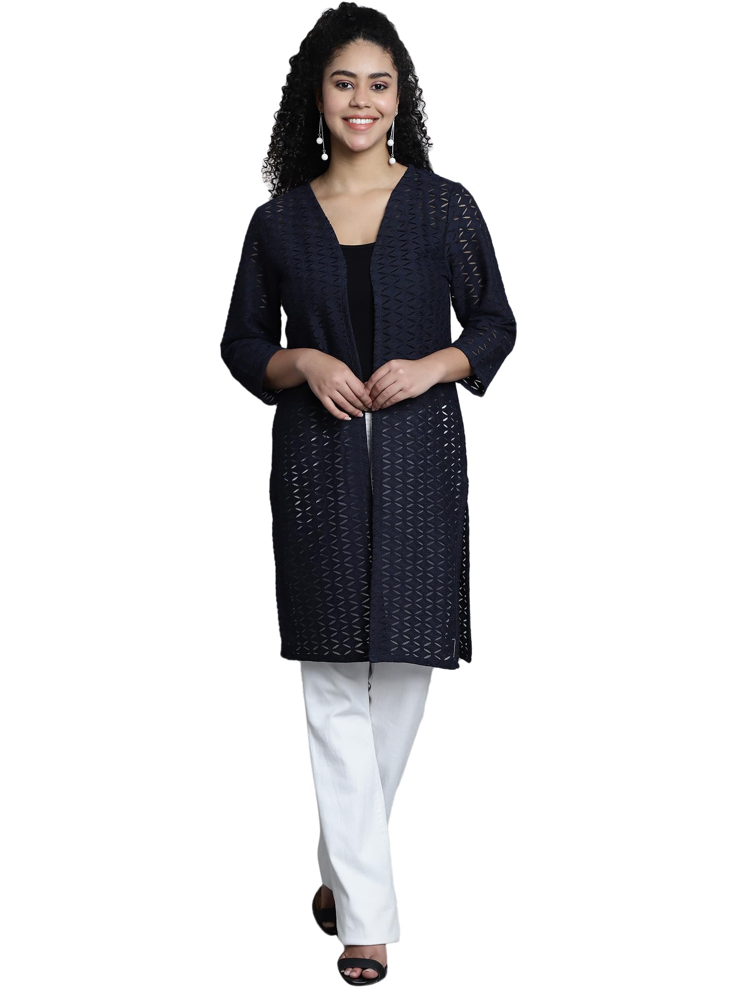 fineme Women Front Open Self Designed 3/4th Sleeves Long Shrug M Carbon Blue-picture-41
