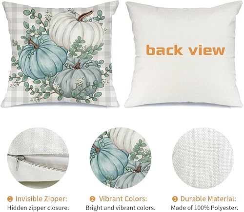 Miniatura 6 de AACORS Funda de almohada de otoño de 16 x 16 pulgadas, decoración de hojas de eucalipto y calabaza de búfalo, decoración de otoño, Acción de