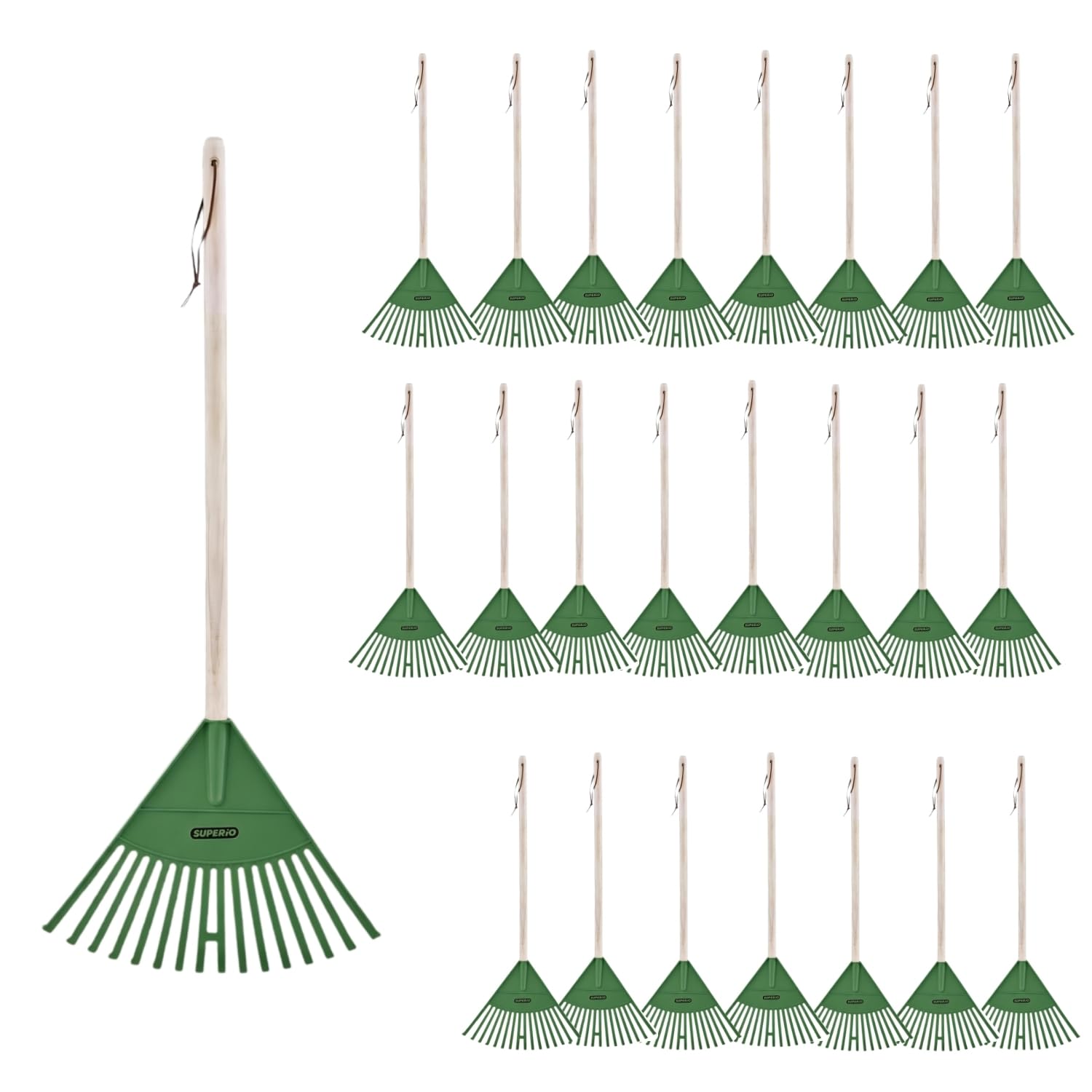 Superio Kids Leaf Rake, 34-Inch Gardening &amp; Lawn Care Tool with Hardwood Handle and Durable Plastic Tines for Leaf Cleanup &amp; Garden Maintenance, Green 24 Pack