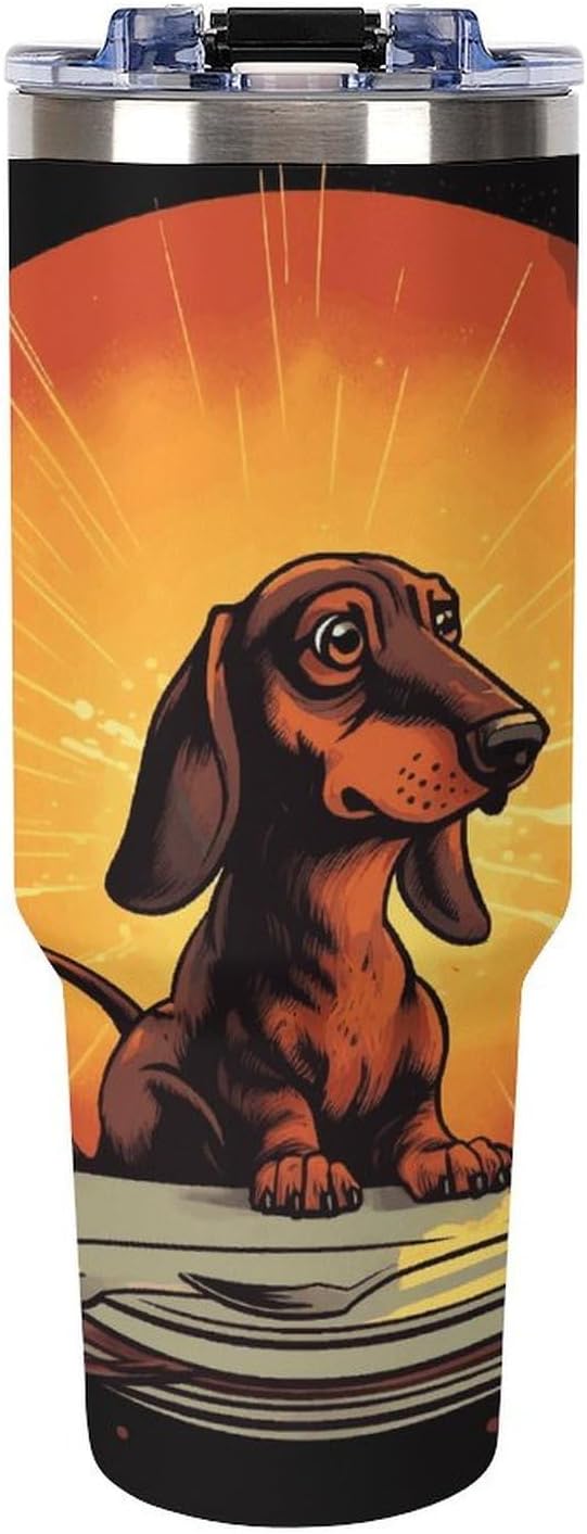 Dachshund Looking at Plate Travel Coffee Mug Reusable Durable Stainless Steel Insulated Tumbler with Handle And Straw Leak Resistant Portable Thermal Cup Gifts for Men Women 40 Oz