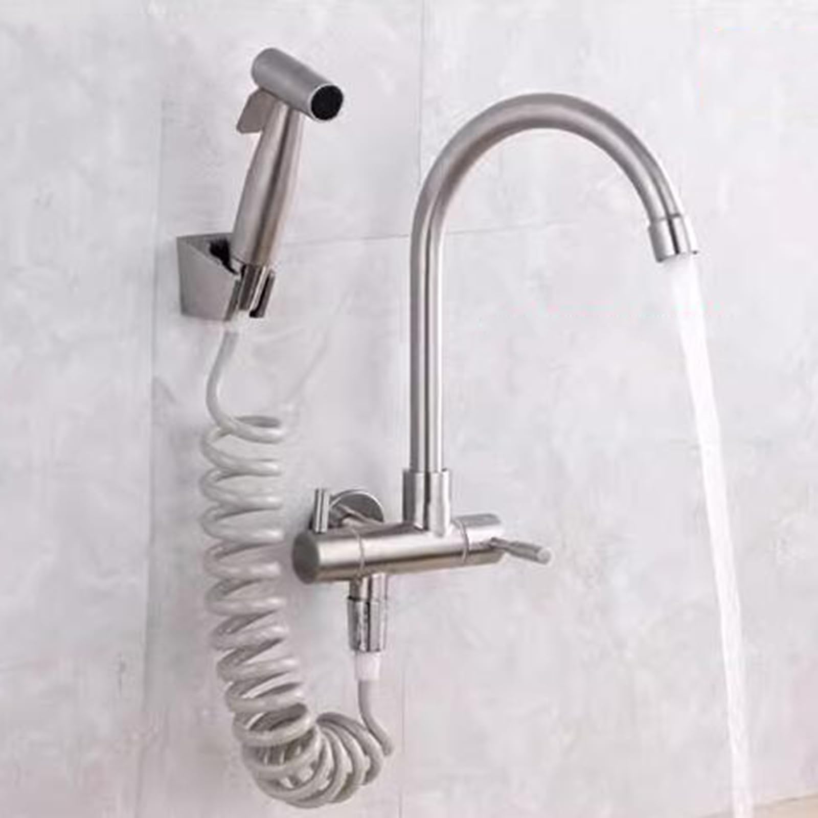 Grifo de Cocina de Pared Agua Fria Acero Inoxidable Grifo de Cocina con Pistola Rociadora Grifo de Fregadero-C