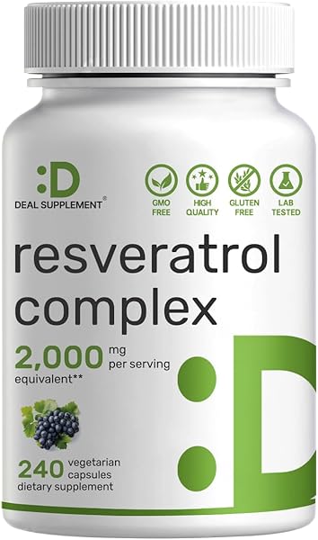 Resveratrol Complex 2,000mg, 240 Veggie Capsules – Extra Strength Trans-Resveratrol with NAD, Quercetin, Curcumin, Grape Seed & More – Healthy Aging Antioxidant for Energy & Brain Support
