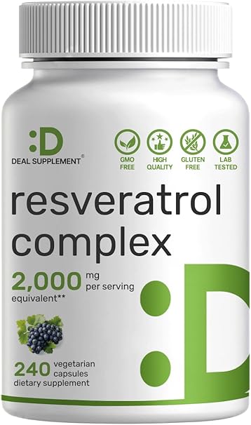 Resveratrol Complex 2,000mg, 240 Veggie Capsules – Extra Strength Trans-Resveratrol with NAD, Quercetin, Curcumin, Grape Seed & More – Healthy Aging Antioxidant for Energy & Brain Support