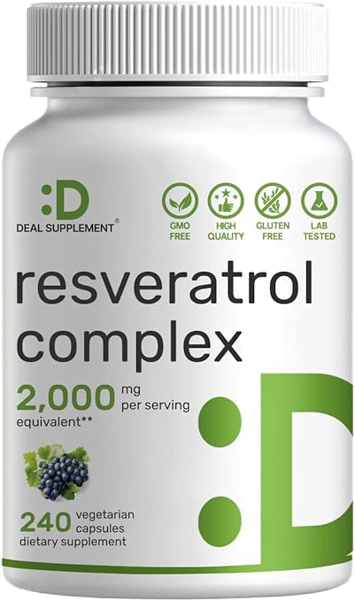 Resveratrol Complex 2,000mg, 240 Veggie Capsules – Extra Strength Trans-Resveratrol with NAD, Quercetin, Curcumin, Grape Seed & More – Healthy Aging Antioxidant for Energy & Brain Support