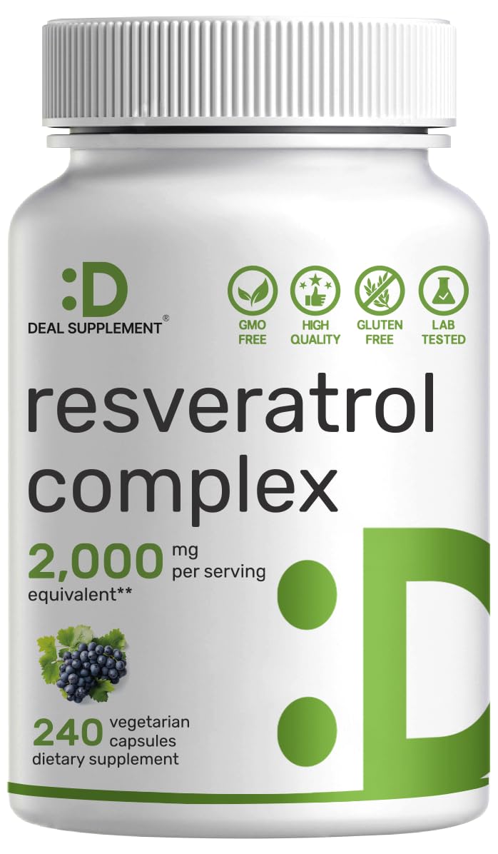 Resveratrol Complex 2,000mg, 240 Veggie Capsules – Extra Strength Trans-Resveratrol with NAD, Quercetin, Curcumin, Grape Seed & More – Healthy Aging Antioxidant for Energy & Brain Support