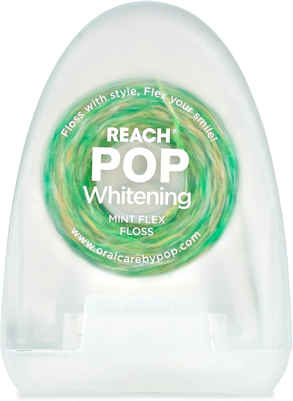 Hilo dental blanqueador REACH POP, menta, bicarbonato de sodio infundido, blanqueamiento dental, eliminador de placa para los dientes, resistente a la rotura, cera vegana, libre de crueldad, cuidado bucal, libre de PFAS, 1 paquete, 55 yardas