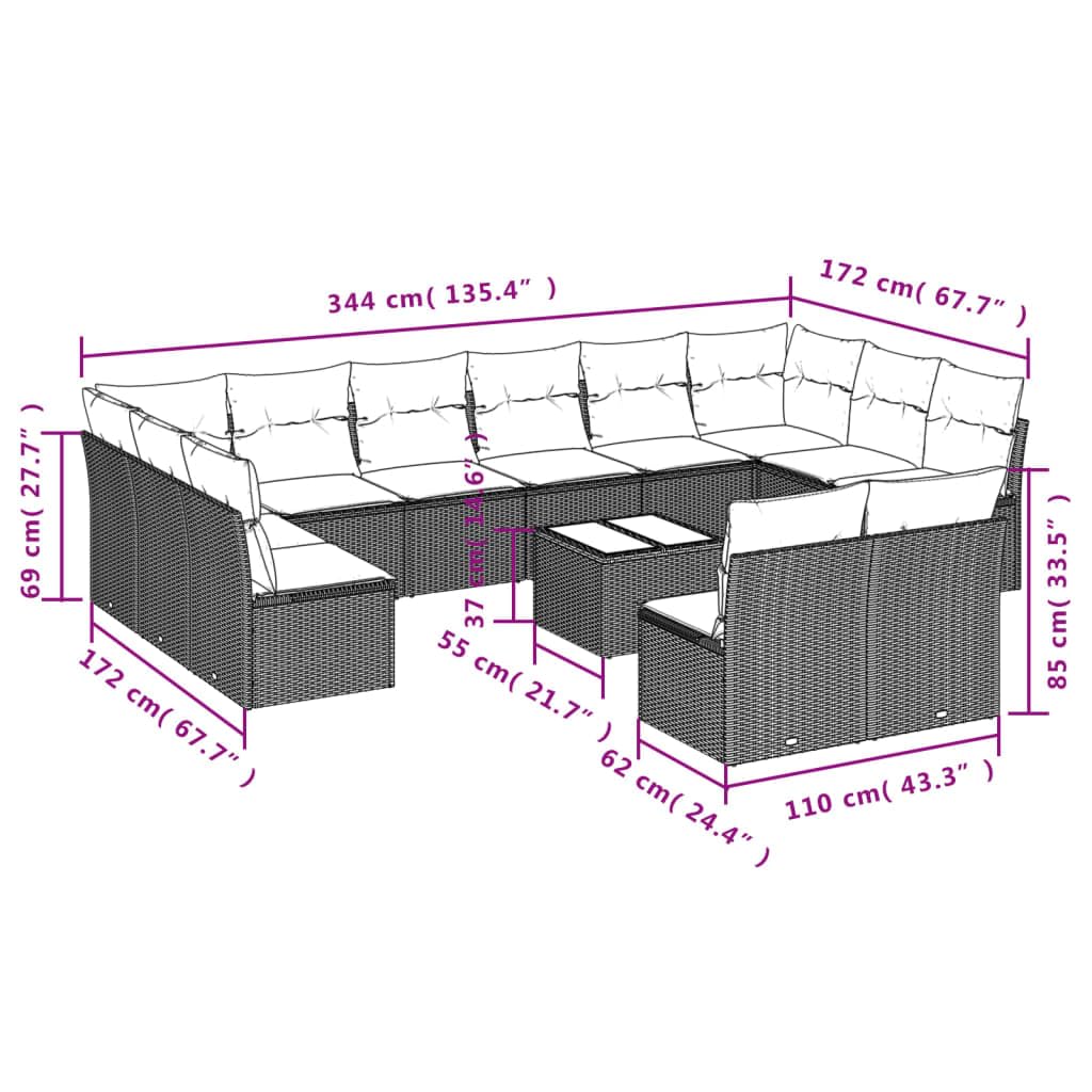 Fengshui 13-częściowa sofa ogrodowa z polirattanu, czarna, ze szklanym