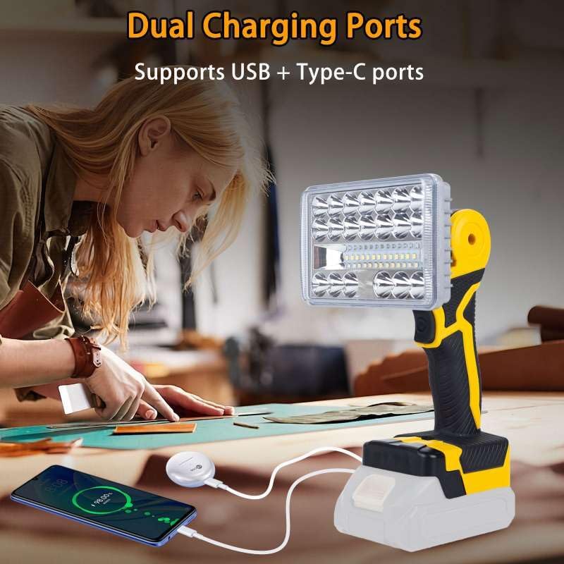 Cordless LED Work Light Compatible with DeWalt 20V Battery, Portable Flashlight Lamp with Charging Phone for Auto Repair, Outdoor, Construction Job Sites & Emergency Use (Bare Tool Only)