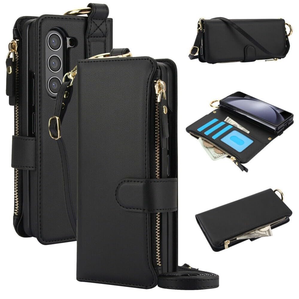 Étui Samsung Galaxy Z Fold 7 noir format portefeuille en cuir avec fermeture éclair et bandoulière