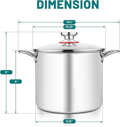 Miniatura 2 de TeamFar Olla de 10 cuartos de galón, olla grande de acero inoxidable de tres capas para sopa de pasta con tapa de vidrio, para gas de inducción,