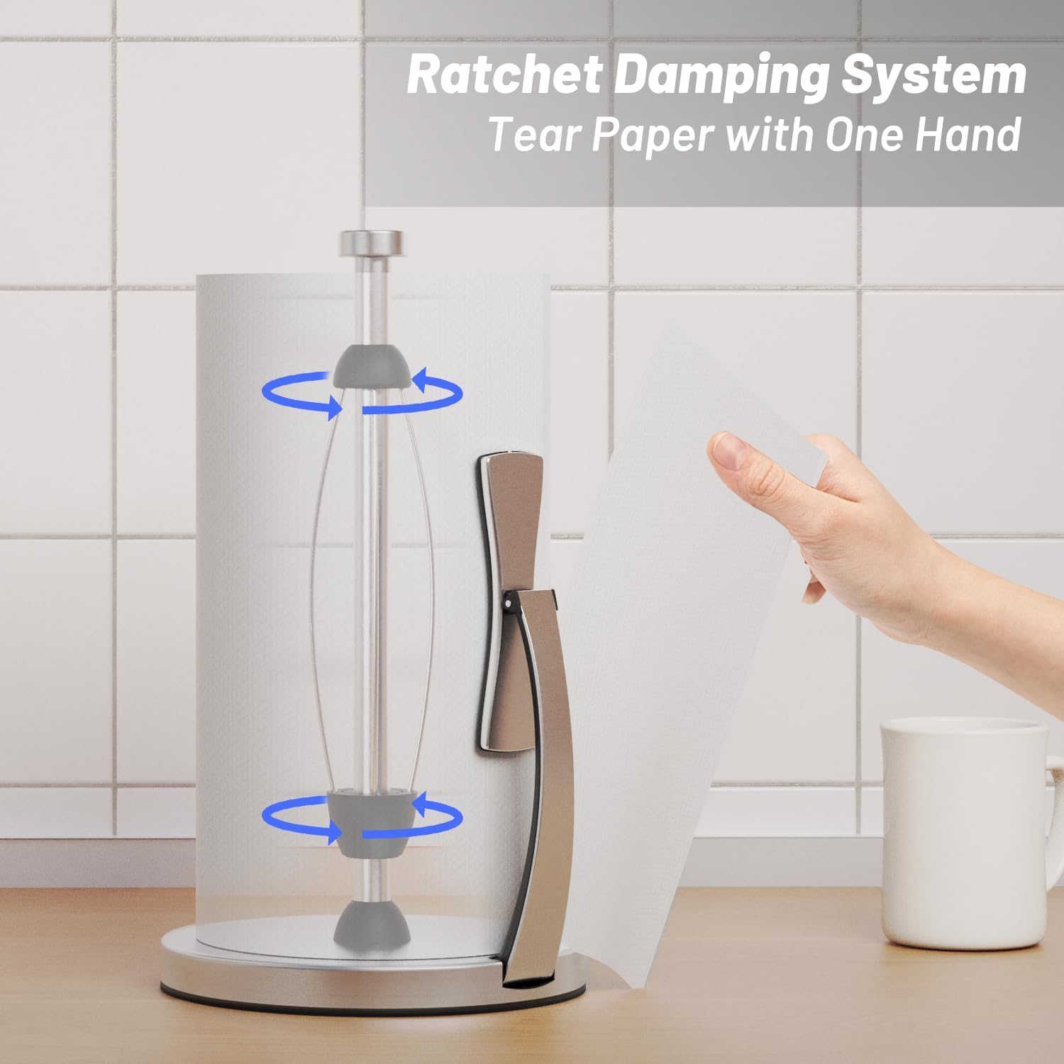 VEHHE Paper Towel Holder Countertop, One-Handed Tear, Stainless Steel, Stand Paper Towel Holder with Spring Activated Arm & Non Slip Weighted Base, for Kitchen Bathroom (Silver)