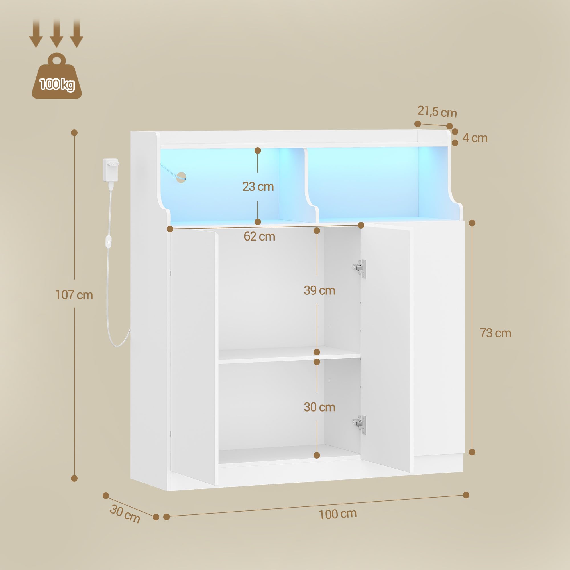 Hzuaneri Mobile Bagno, Luci LED Regolabili, 3 Anta, 2 Spazio Aperto, Ripiani Regolabili, Grande Capacità di Stoccaggio, Moderno, per Soggiorno o Bagno, Dimensioni, 30 x 100 x 107 cm, Bianco 5210003XEU