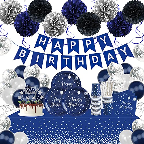 Rorchio Décorations Anniversaire Homme, 24 Invités Assiette Jetable Anniversaire Bleu et Argent Balloon Guirlande Happy Birthday, Gobelets Pailles Serviettes Nappe de Table de Fête Cover