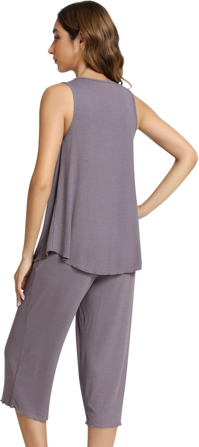 NACHILA Womens Pajamas-Viscose Made from Bamboo, Sleeveless Sleepwear Ribbed Tank Top Capri Pants Pajama Set Cool Pleated Pjs - Image 3