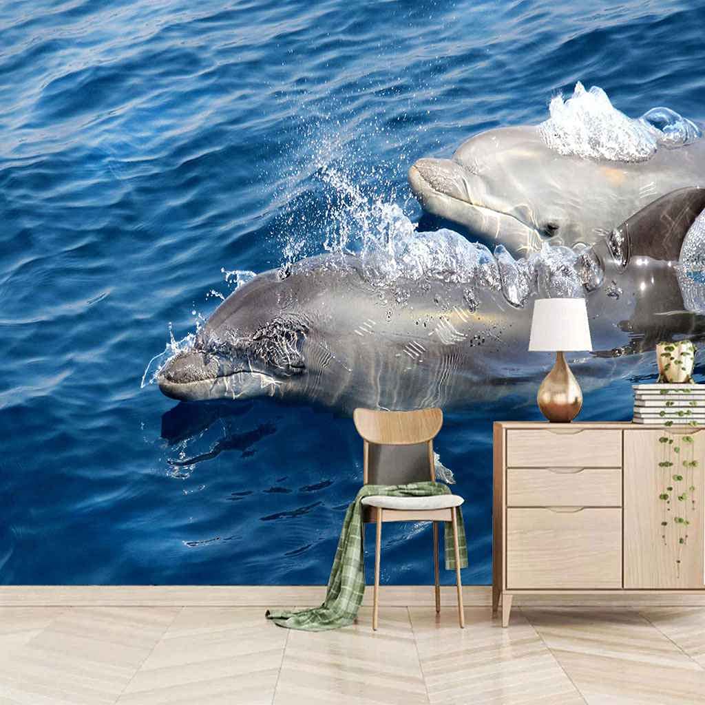 Papier Peint Canevas 3D Baleine Bleue Autocollant Mural Salon Chambre 300x210 cm