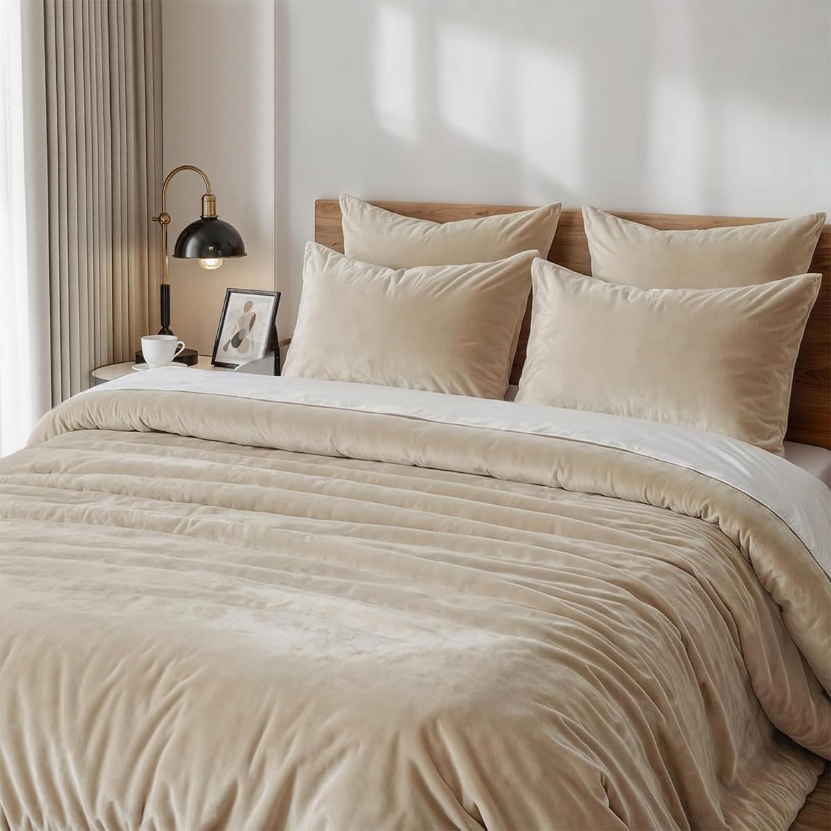 Housse de couette flanelle 140x200 anti-froid parure lit peluche beige