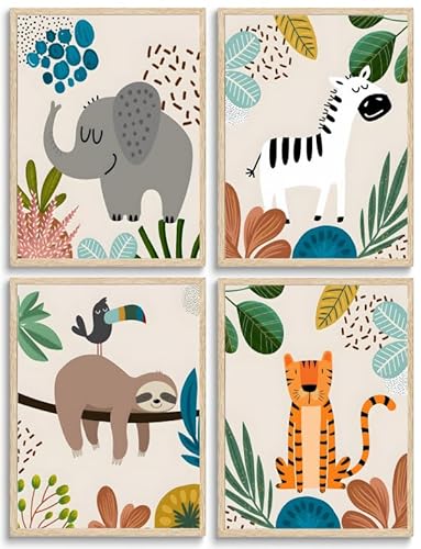 FJKLRP 4pcs Safari Nursery Wall Art Zebra elephant tiger monkey