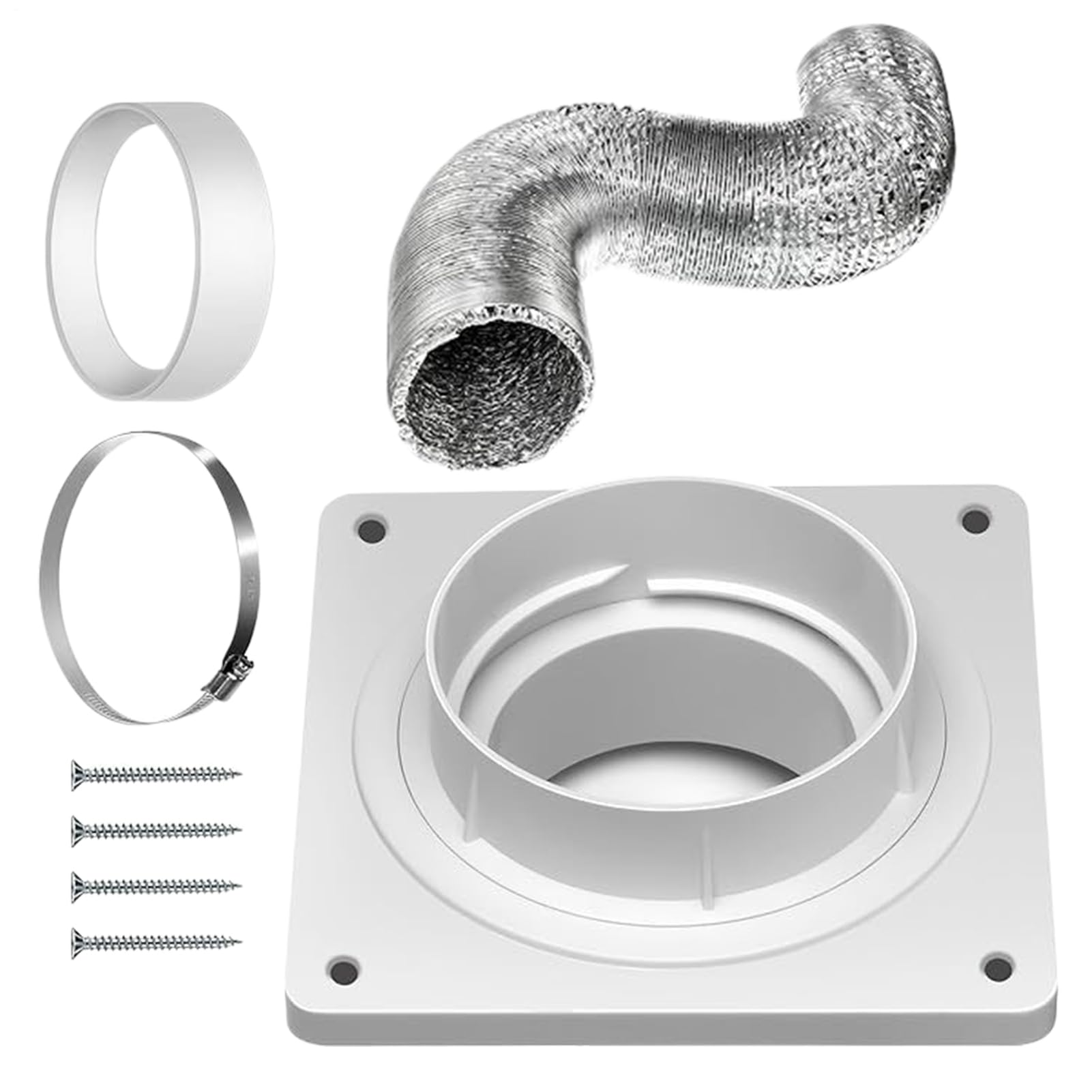 Portable Air Conditioner Wall Vent Kit, 150x10x10cm Air Con Wall Vent Kit, Wall Flange Plate + 4-inch 1.5m Double-layer Aluminum Foil Hose + 4 Screws + Clamp + Telescopic Hose Connector + Sealing Ring