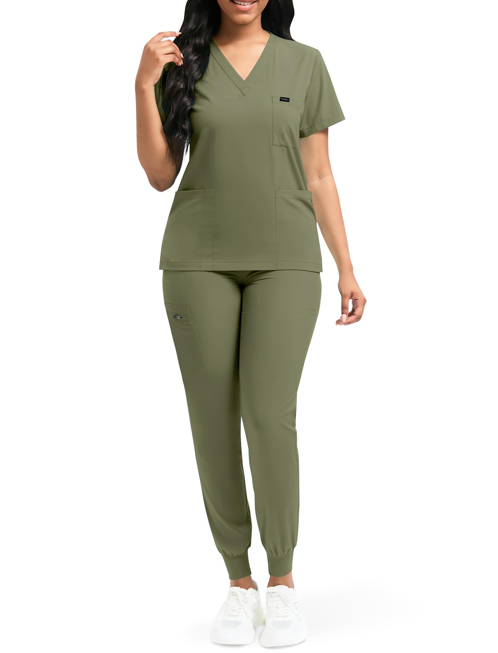 niaahinn Scrubs for Women Set Classic V-Neck Top and Yoga Jogger Pant Medical Nursing Uniform Scrubs Set (Olive Green, XXL)