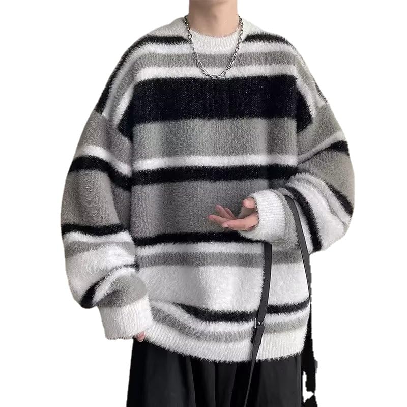 Mens Oversized Sweater Y2K Striped Loose Pullover Grandpa Vintage Aesthetic Knitted Crewneck Sweater Fairycore Clothing