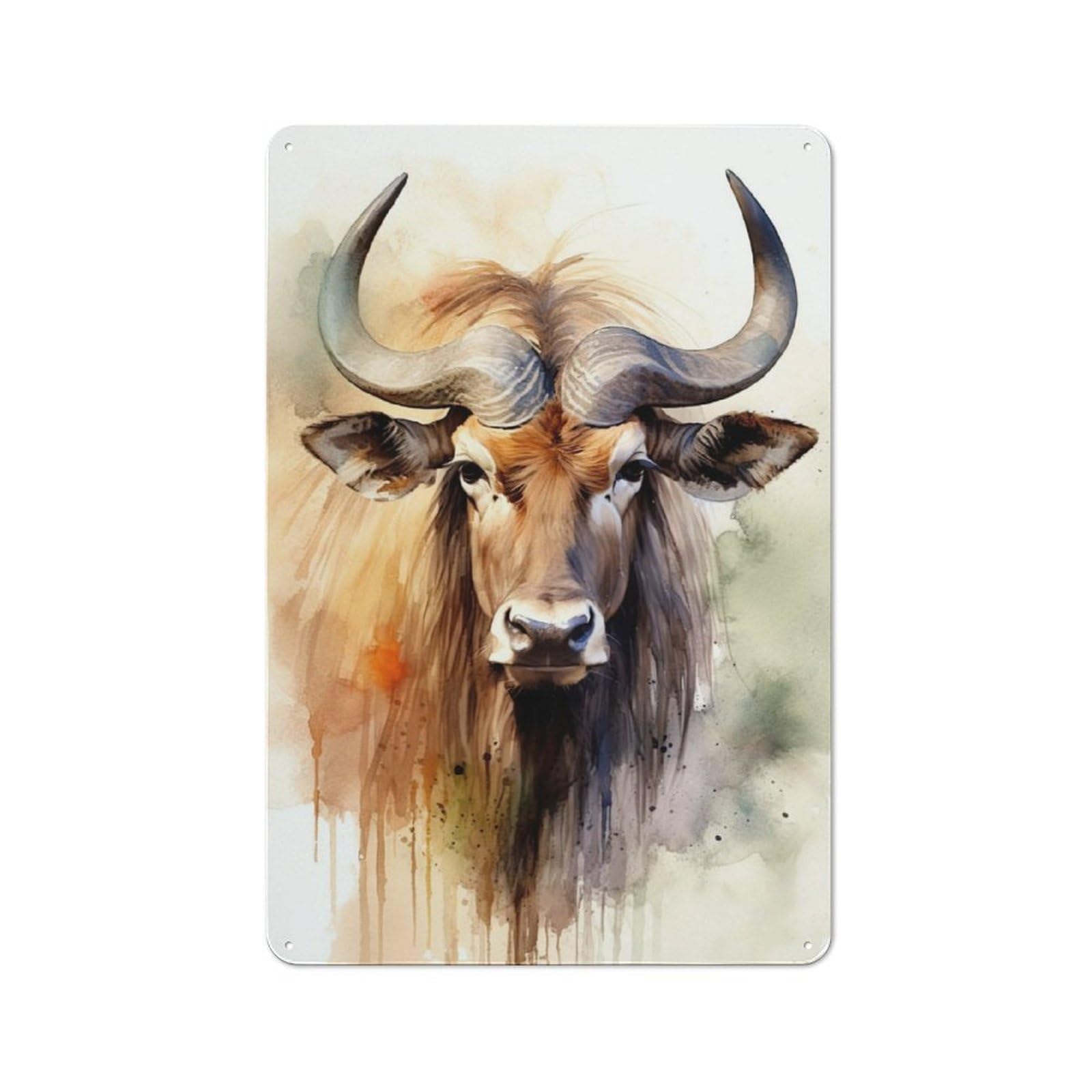 Wildebeest Watercolor Rustic Metal Plaque 30x20cm for Lounge Or Reading Corner, for Garage, Workshop And Man Cave Decoration