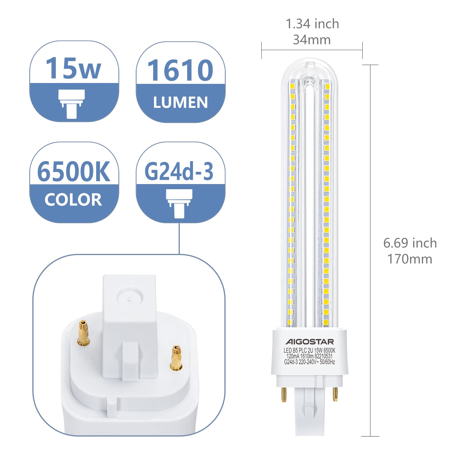Aigostar - 2 Pines Bombilla PLC 2U, tubo de 15 W, Maiz G24d-3, Luz fría 6500K, 1610Lm, No regulable, Pack de 5 Bombillas LED