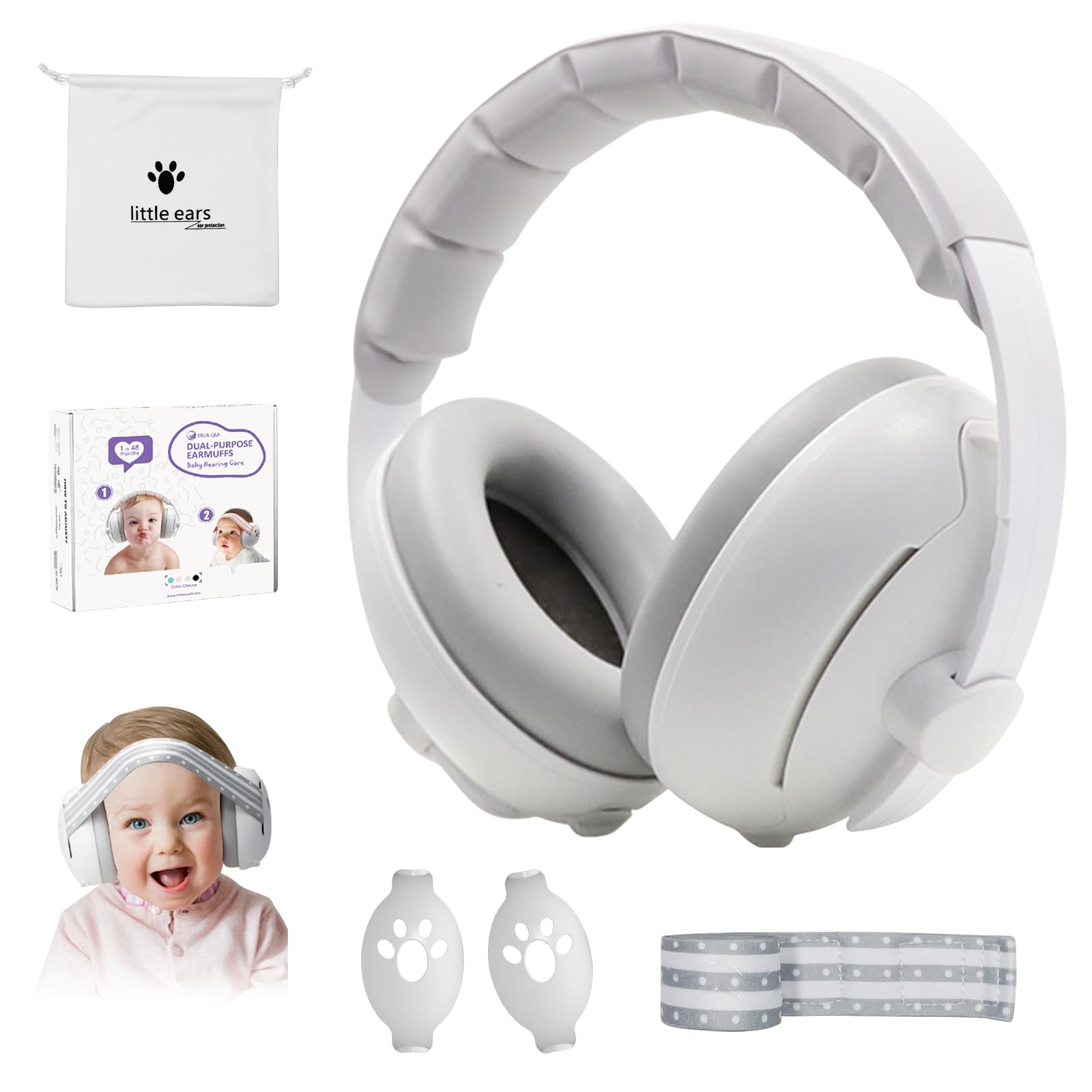 2 en 1 Cascos Bebe Antiruido, Protectores Auditivos para Bebés con Diadema Ajustable, Orejeras Reductoras de Ruido Niños, para Viajes y Entornos Ruidosos, para Bebés de 0 a 48 meses