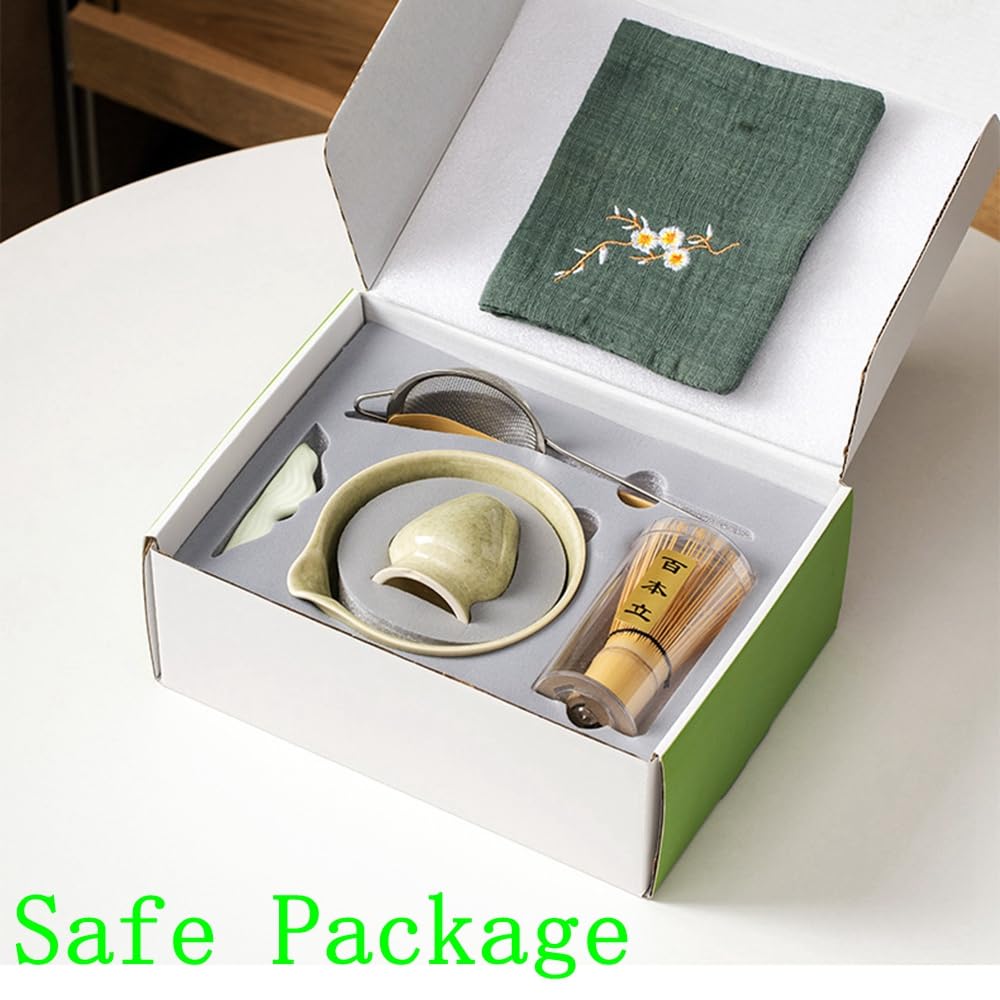 Juego de 8 batidores de matcha con caja de regalo blanca, juego de ceremonia de té tradicional japonés, juego de cuencos de cerámica esmaltada a rayas horizontales para amantes del té verde, color